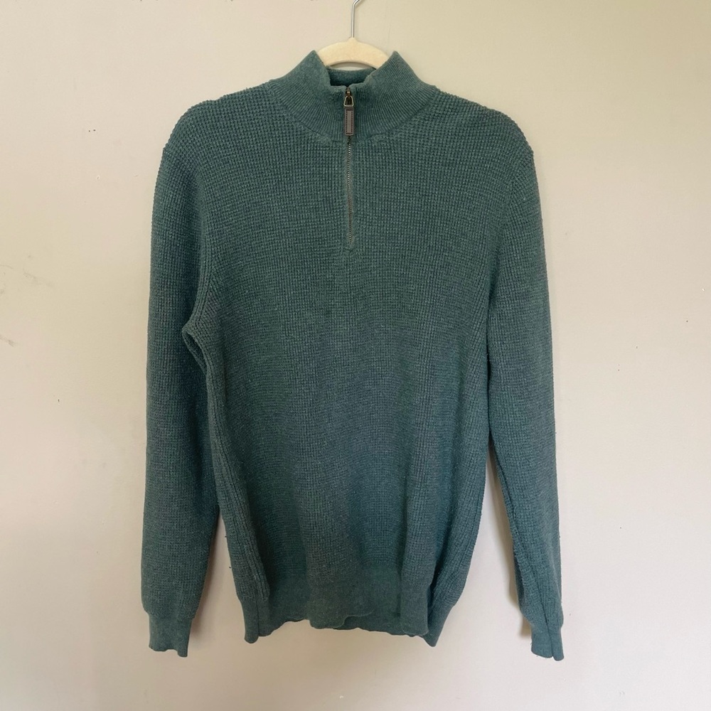 Blue Zip Up Sweater with Ribbed Texture and Standing Collar